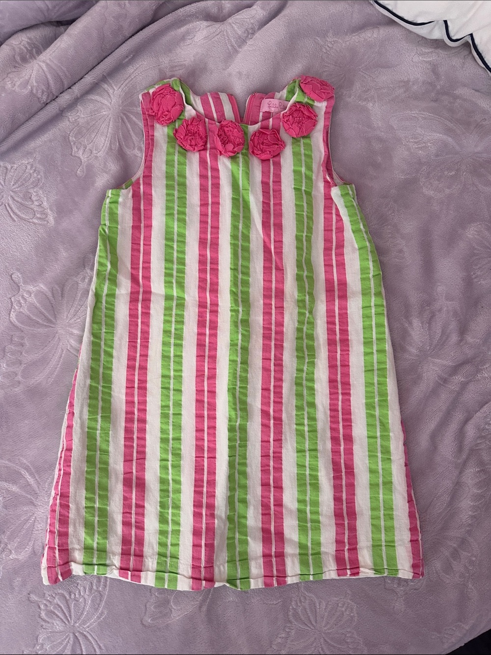 Lilly Pulitzer Pink and Green Striped Dress with Rosette Detail